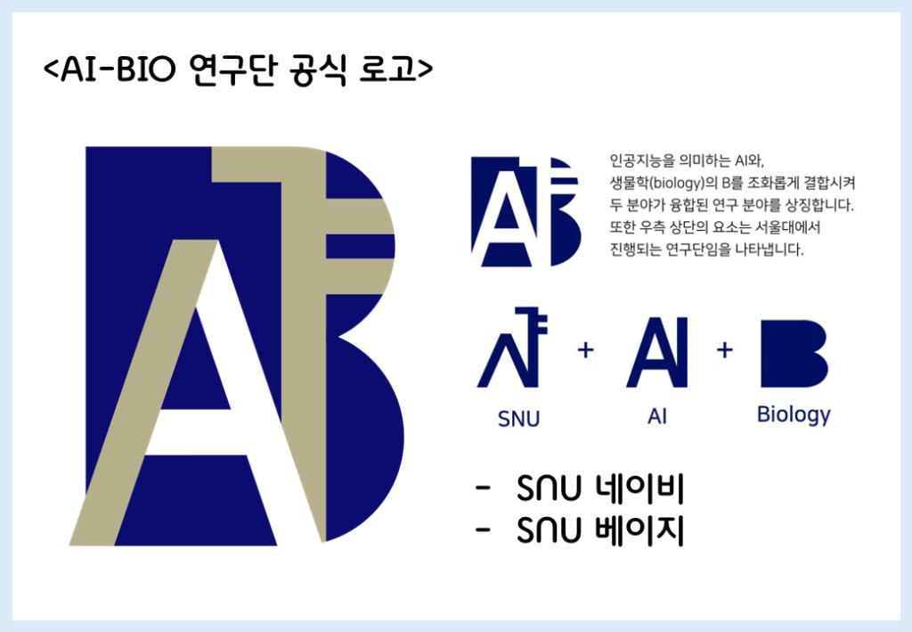 바이오인공지능연구단 공식 로고 이미지.
로고 설명: 짙은 남색의 배경은 B 모양이다. 내부에 A와 서울대 'ㅑ' 모양이 두꺼운 폰트로 들어있다. A의 왼쪽 사선과 서울대 마크는 베이지 색이고, A의 나머지 부분은 흰색이다.
인공지능을 의미하는 AI와, 생물학(biology)의 B를 조화롭게 결합시켜 두 분야가 융합된 연구 분야를 상징합니다. 또한 우측 상단의 요소는 서울대에서 진행되는 연구단임을 나타냅니다.
SNU 네이비와 SNU 베이지 색을 사용하였다.